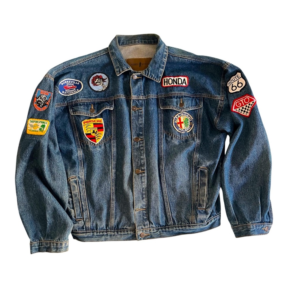 Vintage Denim Jacket Large Jean TruckerJacket with Patches Robert Stock